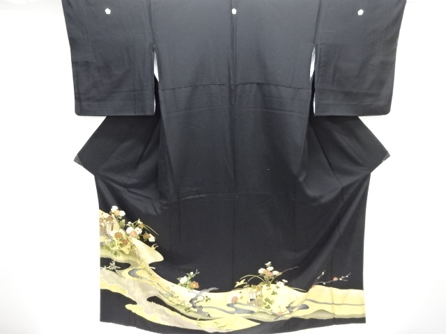 JAPANESE KIMONO / TOMESODE / SILK / EMBROIDERY / STREAM & CARRIAGE & KIKU